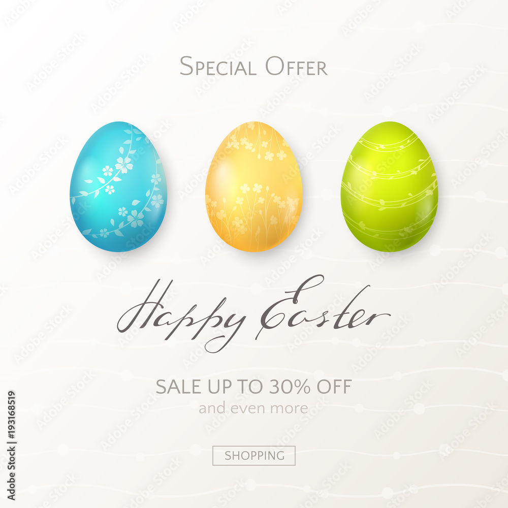 Elegant template for sale banner for holiday with text Happy Easter and colored eggs with floral pattern. Festive vector background for design of flyers and posters with promotional discount offers.