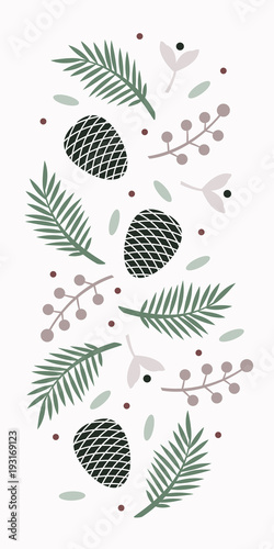 Light tones vertical illustration with leaves and pinecones