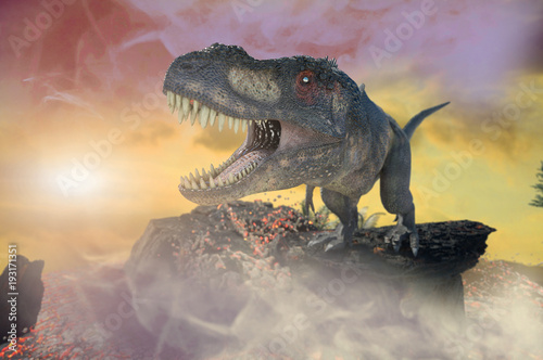 Tyrannosaurus Rex in the background of the volcano © de Art