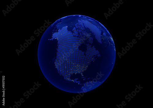 Blue point world globe Canada and USA map with white dot cities on dark background.