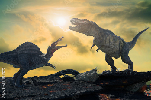 Fototapeta Naklejka Na Ścianę i Meble -  3D Illustration of a battle between two prehistoric dinosaur