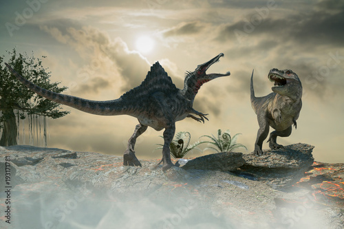 Fototapeta Naklejka Na Ścianę i Meble -  3D Illustration of a battle between two prehistoric dinosaur