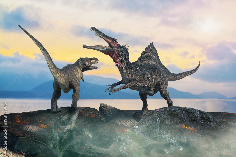 Fototapeta premium 3D Illustration of a battle between two prehistoric dinosaur