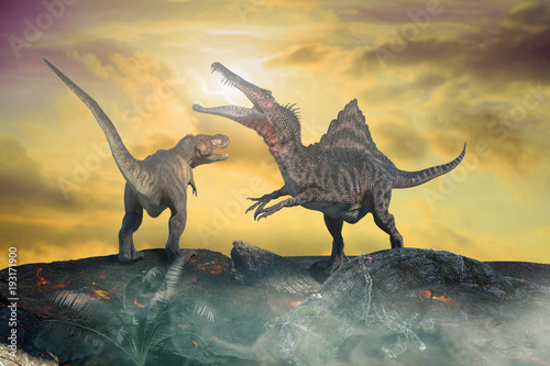 Fototapeta Naklejka Na Ścianę i Meble -  3D Illustration of a battle between two prehistoric dinosaur