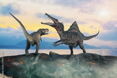 3D Illustration of a battle between two prehistoric dinosaur