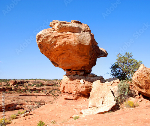 Red rock balancing boulder in Southern Utah Bears Ears area. 