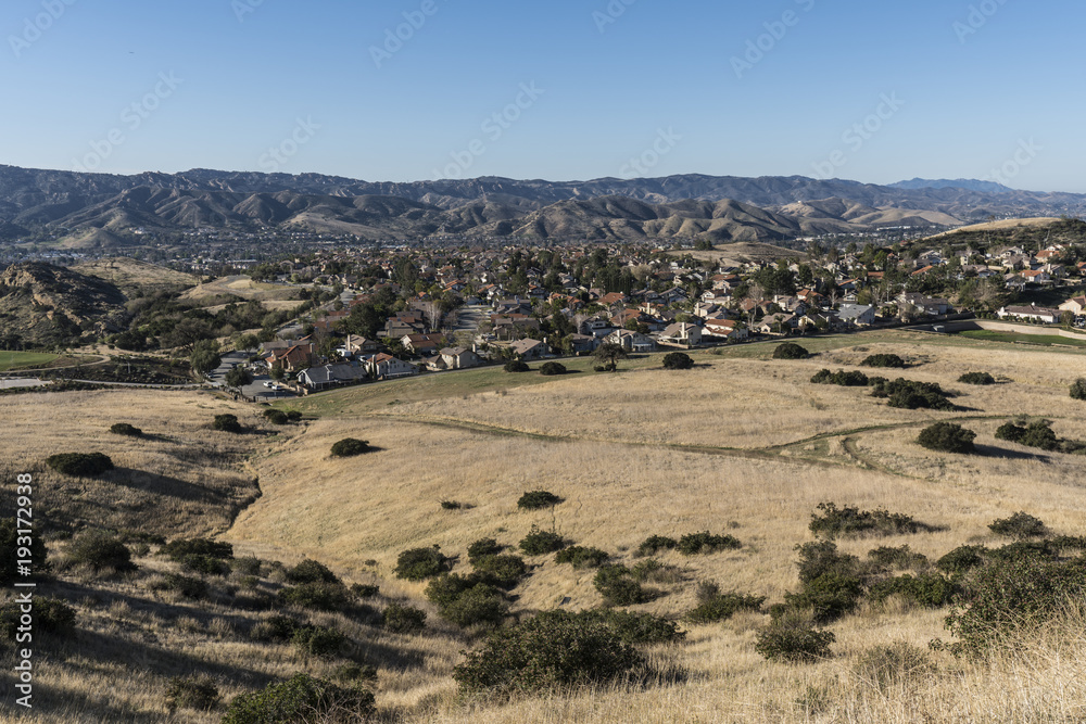 Morning view of suburban fields and housing tracts in Simi Valley near Los Angeles in Ventura County California.