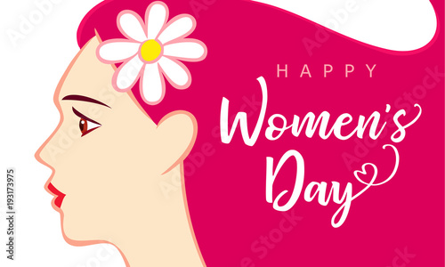 8 March, Happy Womens Day beautiful woman pink greeting card. Vector illustration for the International Women`s Day with text and beautiful woman with pink hair on white background