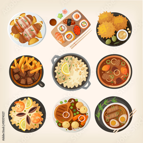 Dinner table closeup. Top view on classic dinner dishes from different countries of the world. Food from national cuisines on a table. View from above.  Vector illustrations