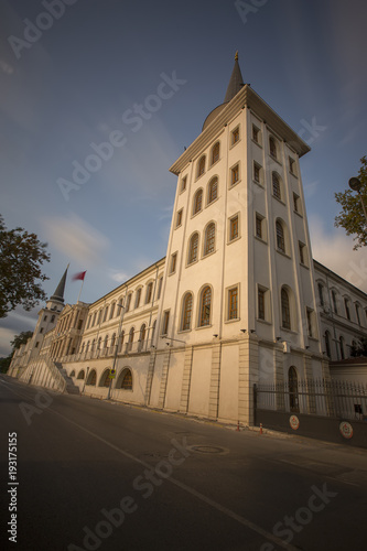 Kuleli military school and Camlica mosque on a hill on Asian side and Bosphorus channel in Istanbul, Turkey