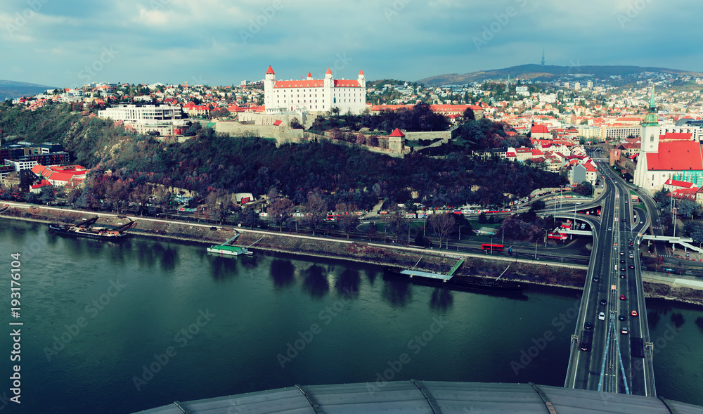 Bratislava town historical center with the Danube river