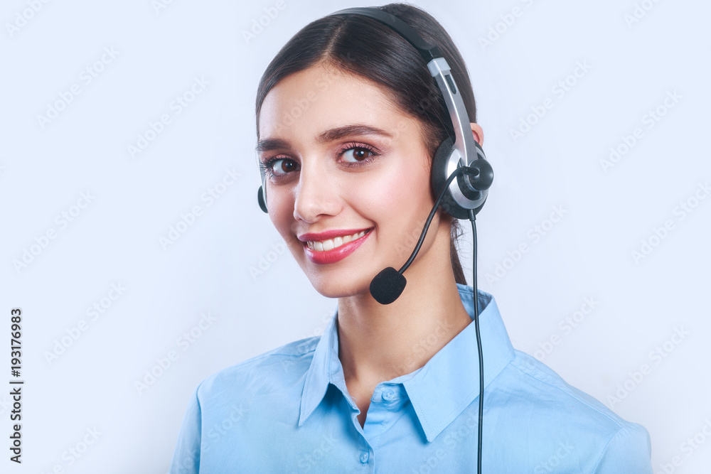 Woman customer service worker, call center smiling operator with phone headset Woman customer service worker, call center smiling operator with phone headset