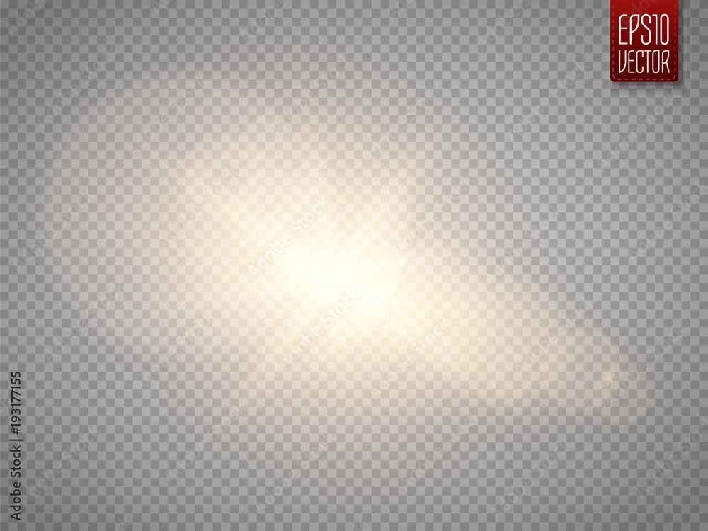 Lens flare effect isolated on transparent background. Glow flashlight illustration.