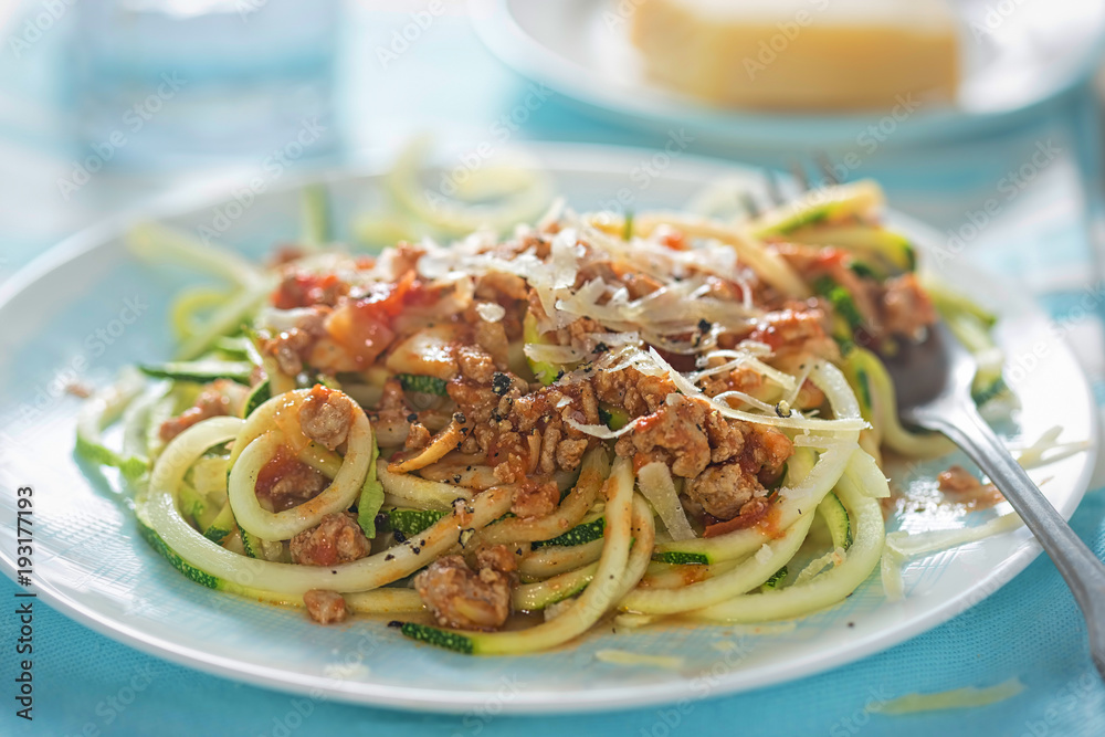 Spiralled courgette spaghetti with bolognese sauce Spiralled courgette spaghetti with bolognese sauce