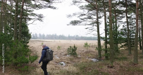 man traveling and hiking in nordic nature by lakes and in forest photo