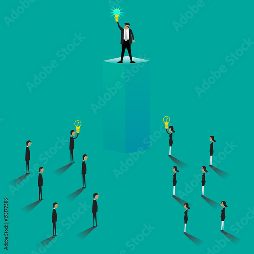 Businessman character with lightbulb . Man thinking, pointing at light bulb above head. Having a big business idea. Flat style design. Successful design concept great idea