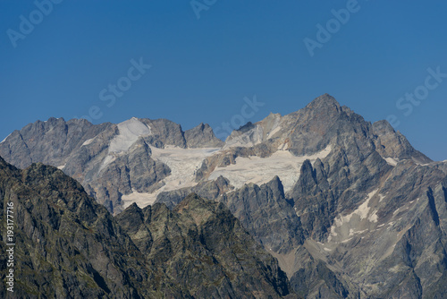 Beautiful mountain landscape. Snow-capped mountain peaks against the sky, Mestia, Svaneti region, Georgia © r_andrei