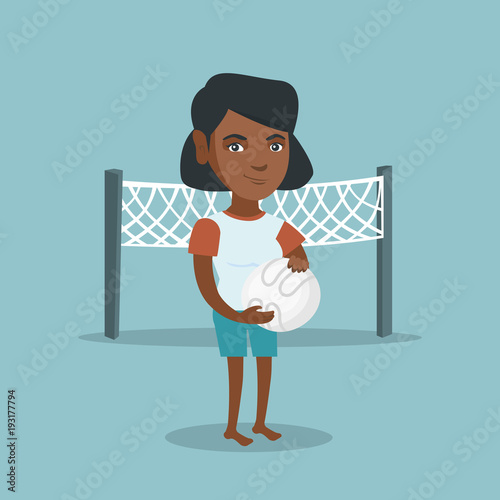 African-american beach volleyball player standing on the background of voleyball net. Full length of young sportswoman holding a volleyball ball in hands. Vector cartoon illustration. Square layout.
