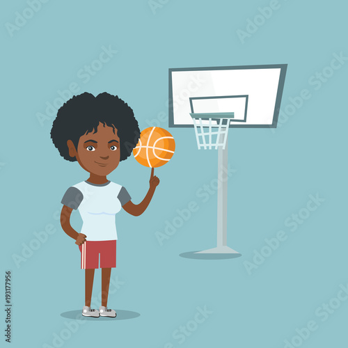Young african-american basketball player spinning a ball on finger. Professional basketball player standing on the basketball court with a ball. Vector cartoon illustration. Square layout.