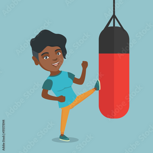 African-american boxer woman exercising with a boxing bag. Kickbox fighter hitting a heavy bag during training. Young boxer training with a punch bag. Vector cartoon illustration. Square layout.