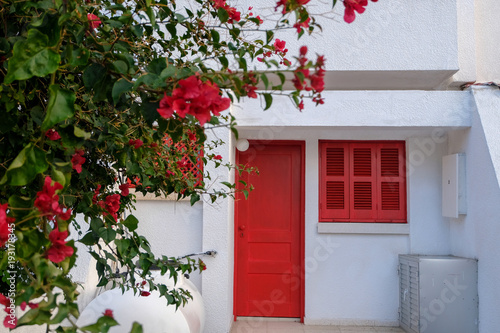 White house with red door, window and flowers photo