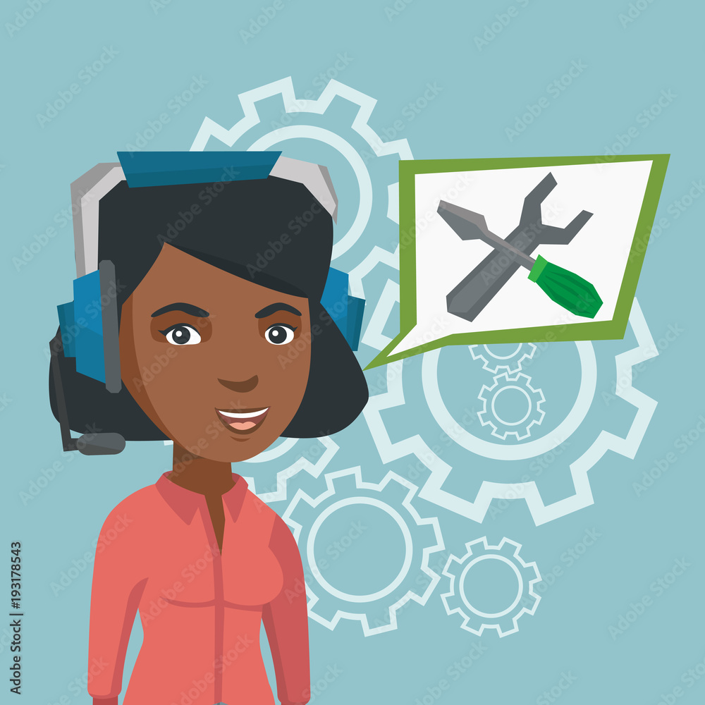 African-american operator of technical support wearing headphone set. Young technical support operator with speech square with a screwdriver and a wrench. Vector cartoon illustration. Square layout. African-american operator of technical support wearing headphone set. Young technical support operator with speech square with a screwdriver and a wrench. Vector cartoon illustration. Square layout.