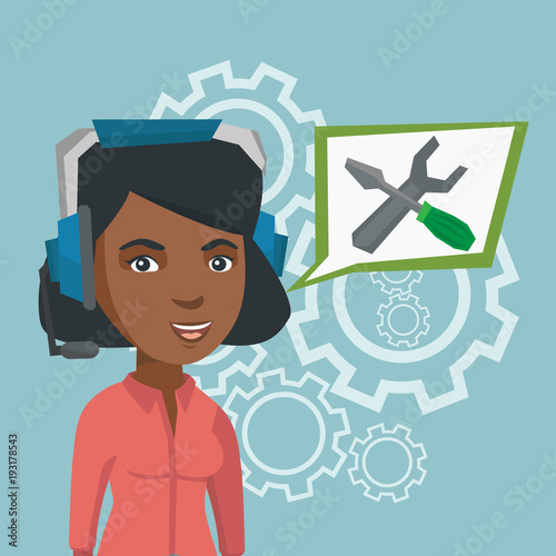 African-american operator of technical support wearing headphone set. Young technical support operator with speech square with a screwdriver and a wrench. Vector cartoon illustration. Square layout.