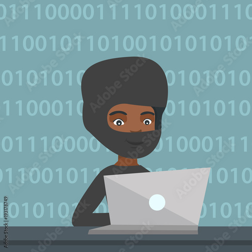 Computer hacker in black mask working on a laptop on the background of binary code. Hacker using a laptop to steal data and personal identity information. Vector cartoon illustration. Square layout.