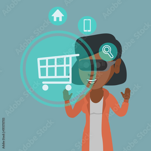Young african-american woman wearing virtual reality headset and looking at icon of shopping cart. Concept of virtual reality, online shopping, e-commerce. Vector cartoon illustration. Square layout.