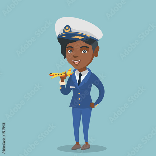 Young african-american airline pilot holding the model of airplane in hand. Female airline pilot wearing uniform and playing with the model of airplane. Vector cartoon illustration. Square layout.