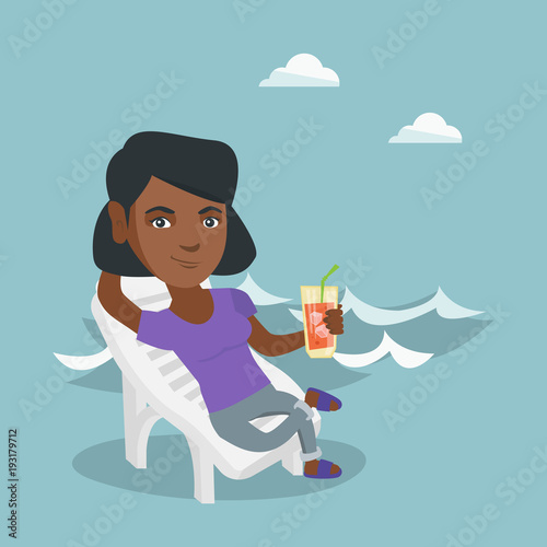Young african-american woman sitting on a chaise-longue on the beach. Happy smiling woman relaxing on a chaise-longue and drinking a cocktail on the beach. Vector cartoon illustration. Square layout.
