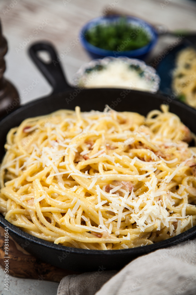 Spaghetti carbonara with egg and pancetta Spaghetti carbonara with egg and pancetta