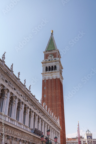 St. Mark Square Campanile. Clock Tower of Venice against clear sky, Italy. © LALSSTOCK