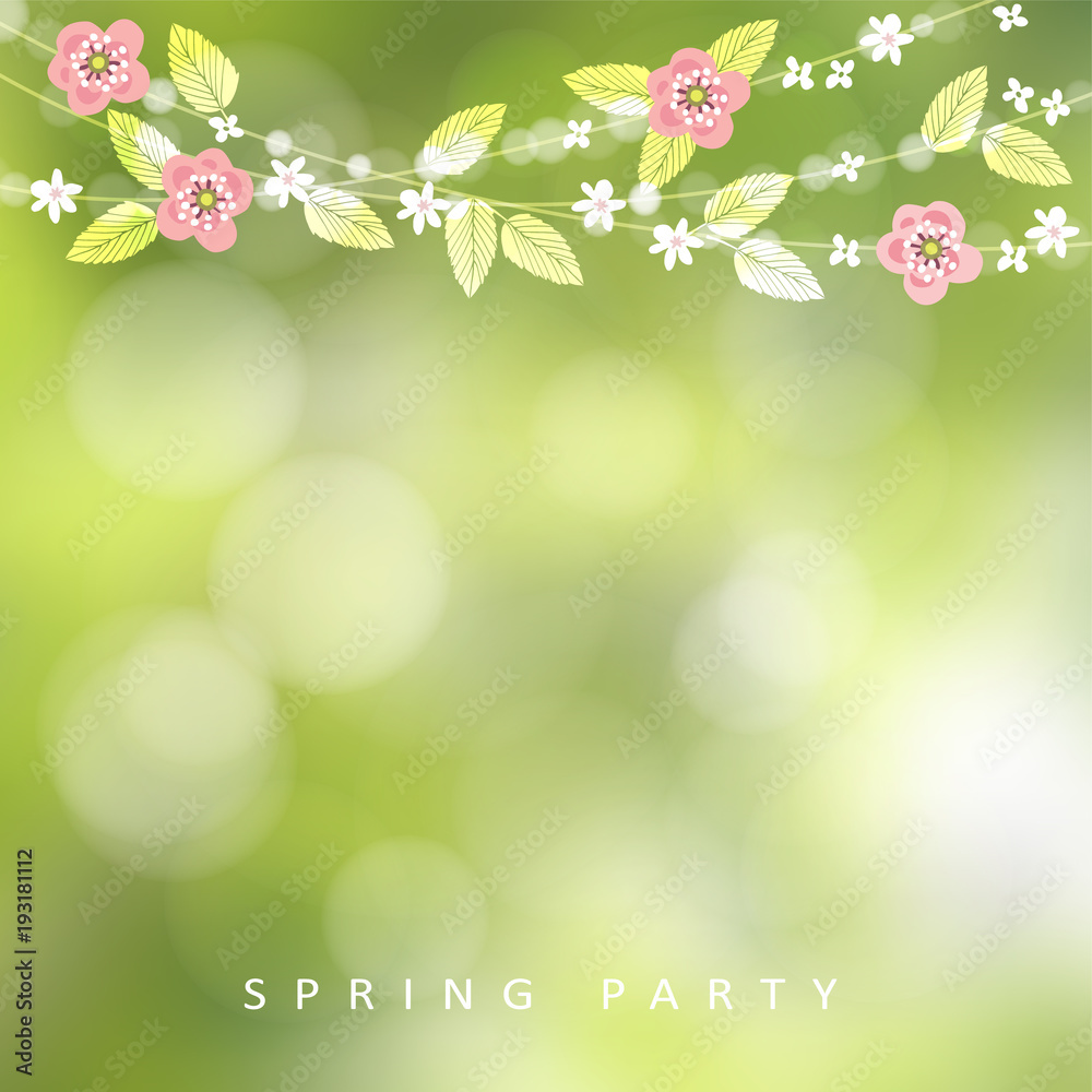 Spring, Easter greeting card, invitation. String of bokeh lights, leaves and cherry blossoms. Modern blurred background. Garden party decoration.