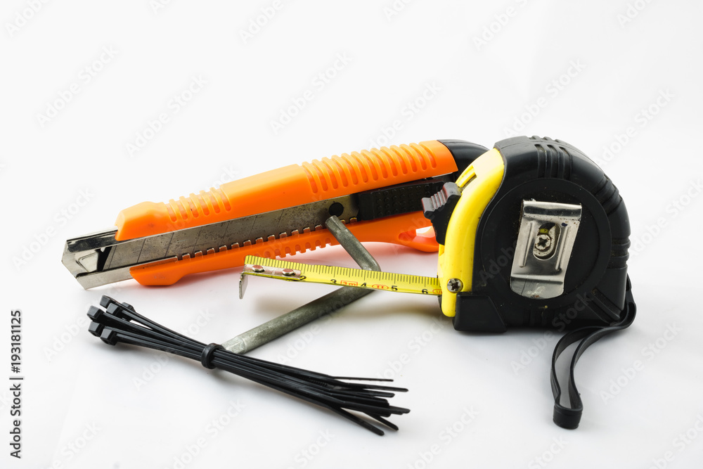 Flange cutter meter measure flanges and spanner on white background