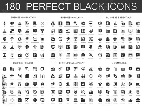 Business motivation, analysis, business essentials, business project, startup development, e-commerce black classic icon set.