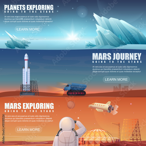 Set of different banners dedicated to alien planets, Mars exploring, space flight, space exploration, colonization misson.
