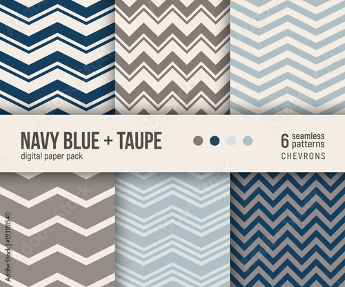 Digital paper pack, set of 6 abstract geometric backgrounds. Seamless vector patterns collection. Retro chevron patterns - navy blue, taupe brown, ivory,