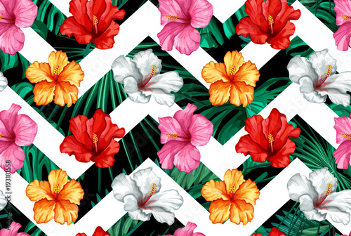 Vector tropical leaves hibiscus seamless pattern