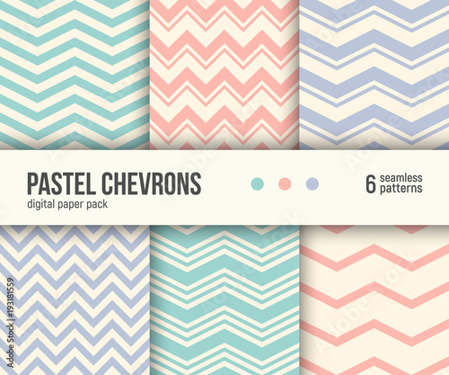 Digital paper pack, set of 6 abstract seamless patterns. Abstract geometric backgrounds. Vector illustration. Pale pastel chevron patterns. Blush pink, mint aqua blue and lilac pastels.