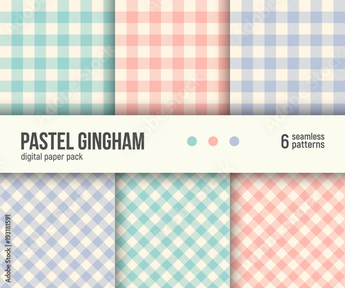 Digital paper pack, set of 6 abstract seamless patterns. Abstract geometric backgrounds. Vector illustration. Traditional classic Gingham tablecloth pattern, pale pastel colors blush pink, teal, blue