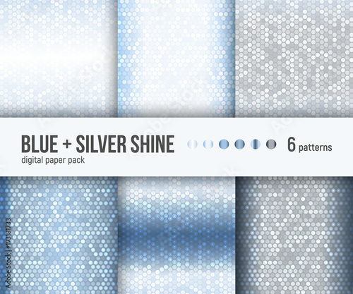 Digital paper pack, set of 6 abstract geometric backgrounds. Seamless vector patterns collection. Silver grey shiny abstract blue background