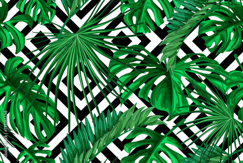 Vector tropical leaves summer seamless pattern