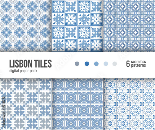 Digital paper pack, set of 6 abstract seamless patterns. Abstract geometric backgrounds. Vector illustration. Portuguese floor tiles design.