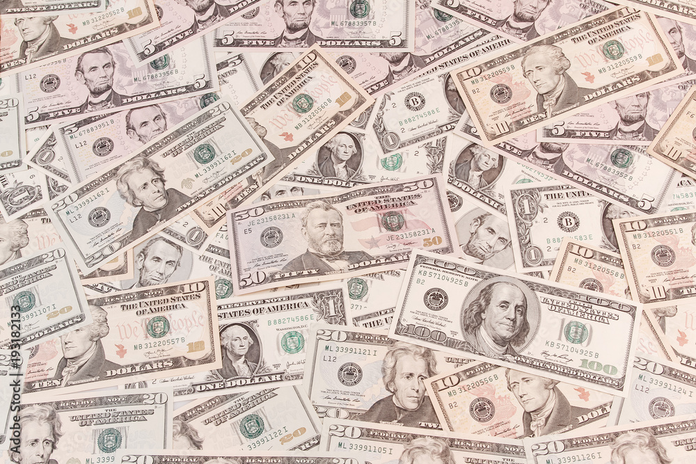 Assorted American banknotes overlapping