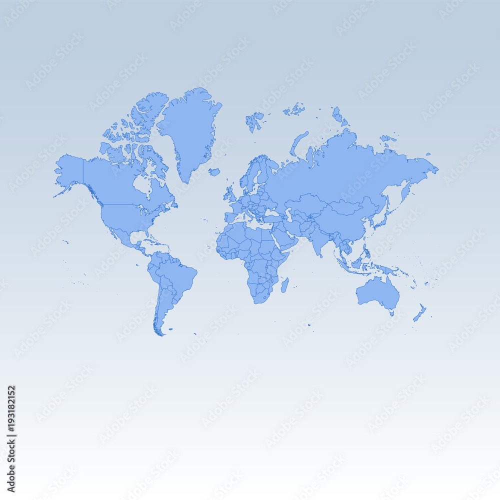 Blue detailed worldmap isolated on white blue gradient background.