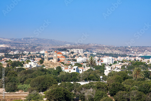 View of Paphos and mountains from Cyprus Archaeological park at Kato Paphos, Cyprus