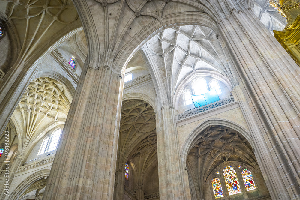 decorative, interior Gothic Cathedral of Segovia, columns and arches with large windows