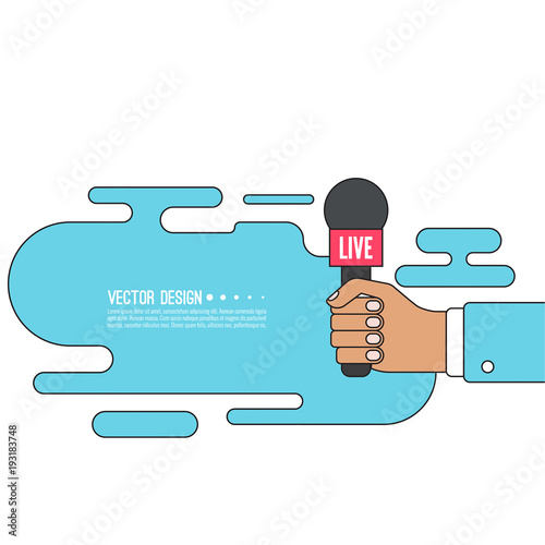 Journalism concept. Live news template with microphone. Symbol breaking news on TV radio. Journalist holding mic. interview, reporter, press, interviewer, media, paparazzi. Vector Linear design