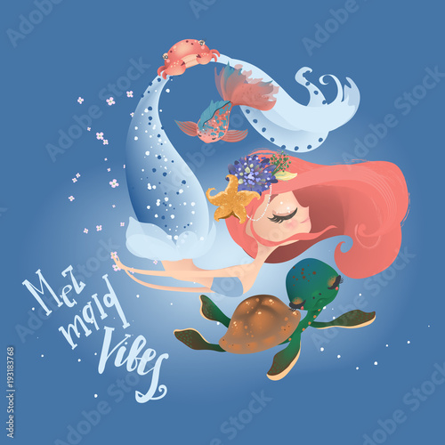 Cute mermaid swimming with animals - turtle, fish and crab in floral, flowers wreath, bouquet and lettering